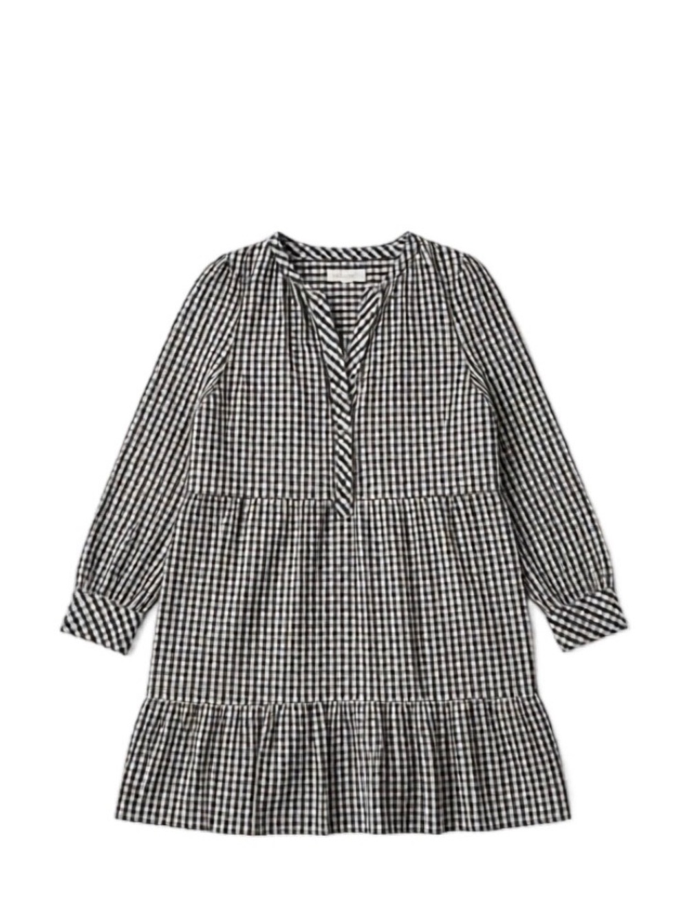 Loft Black and White Gingham Tiered Long Sleeve Dress